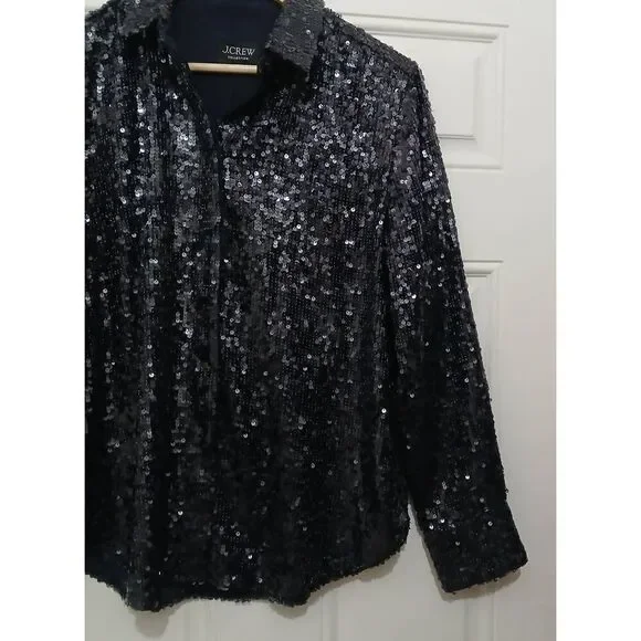 J crew collection womens large size 10 allover sequin blue label button shirt - Picture 4 of 9